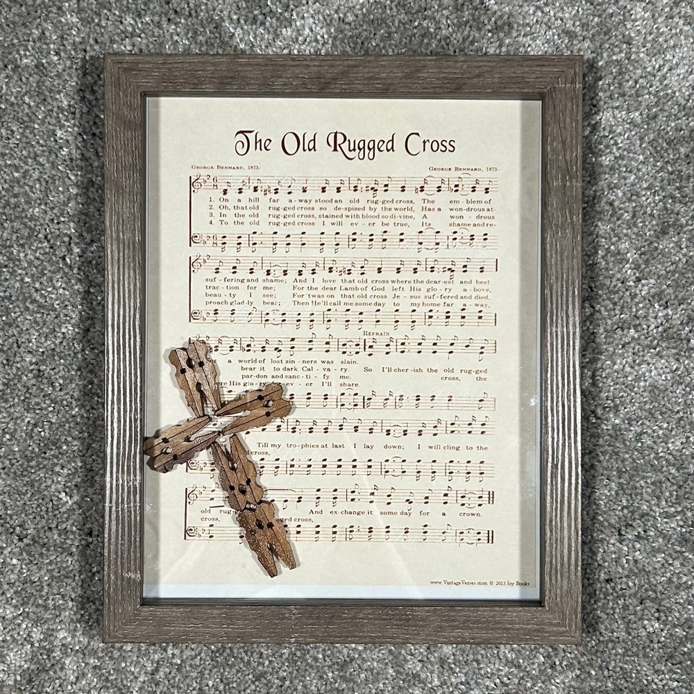 The Old Rugged Cross Framed Sheet Music Wall Art Clothespin Cross 9x11 Joy Books